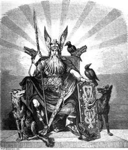 Odin, tahtında, kuzgunları ve iki kurduyla